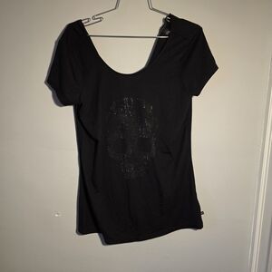 Rock & Republic Womens Black Glitter Skull Off The Shoulder Tee Size Medium